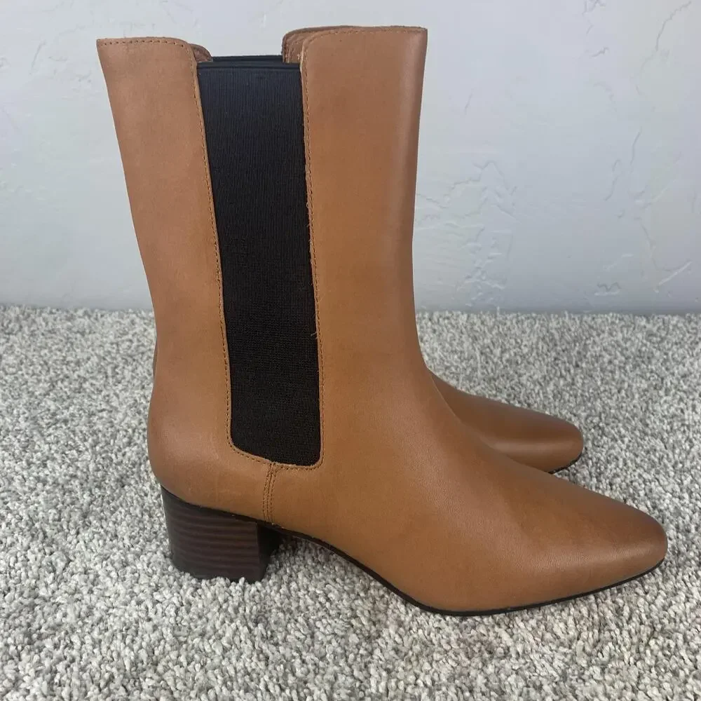J. Crew Boots Womens Size 7.5 Brown Tan Chelsea Block Heel Leather Ankle Pull On - Picture 2 of 12